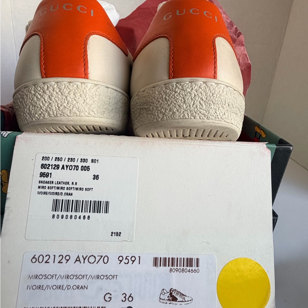 PRE - LOVED: Gucci Cream Leather Mickey Sneakers with Orange Heel - Picture 12 of 13